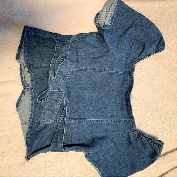 Blue Denim Button Down Puff Sleeve Top - Picture 4 of 4